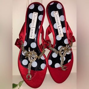 Christian Lacroix Red Flat Satin Sandals With Crystal Embellishments